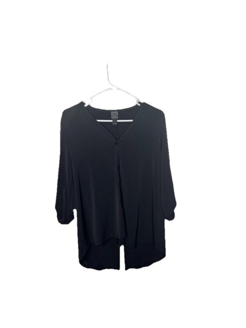 Clara Sun Woo Tunic Button Up 3/4 Sleeve Solid Black Flowy Small